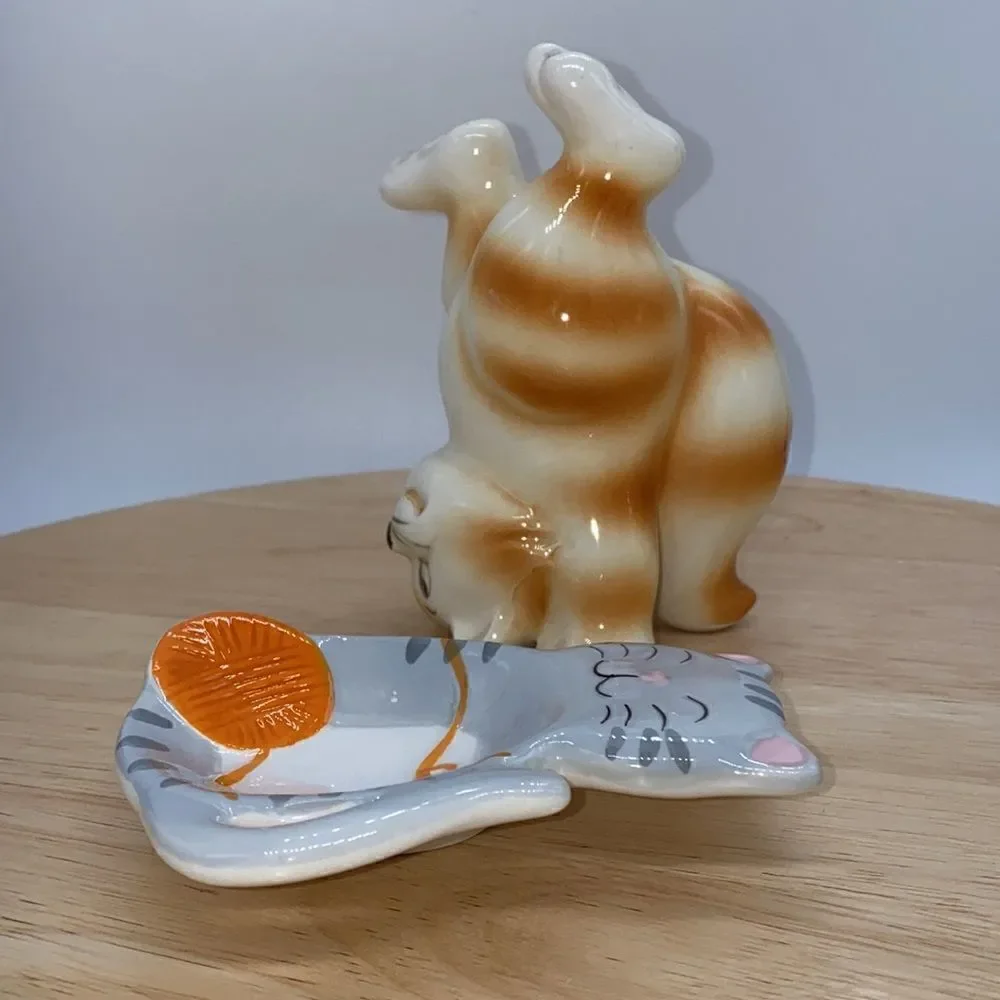 Lot of 2 Whimsical Ceramic Kitties 1 Tumbling Figurine and 1 Trinket Dish